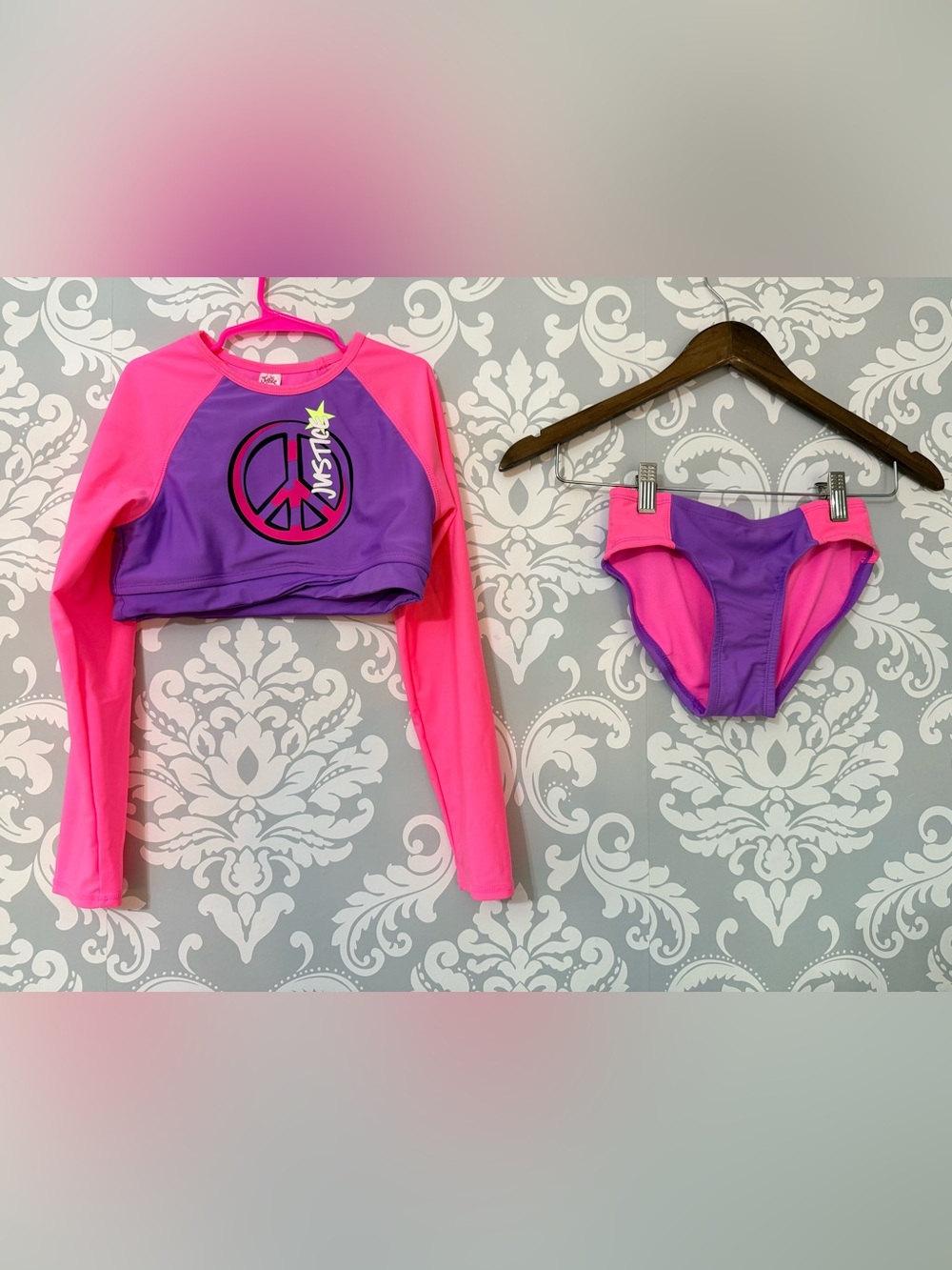 💫4/$25 • Justice Pink & Purple Long-Sleeve Rashguard Bikini Set